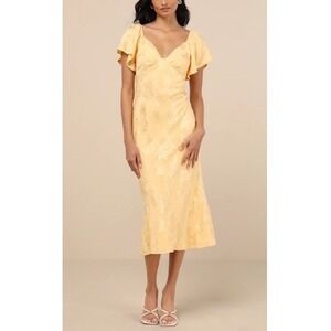 Lulus Effervescent Afternoon Yellow Satin Flutter Sleeve Midi Dress Size L